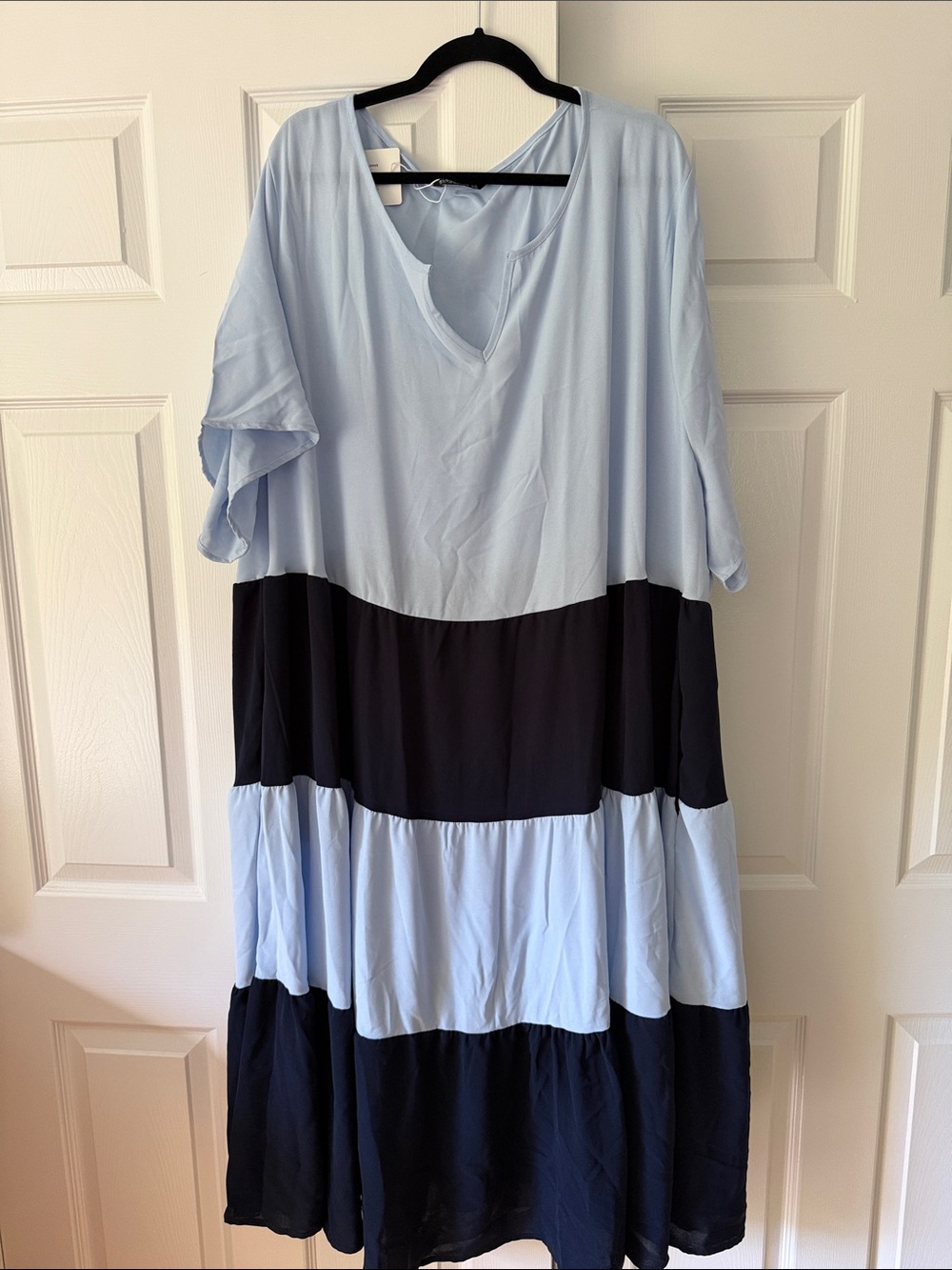 BloomChic Light Blue and Navy Colorblock Tiered Midi Dress